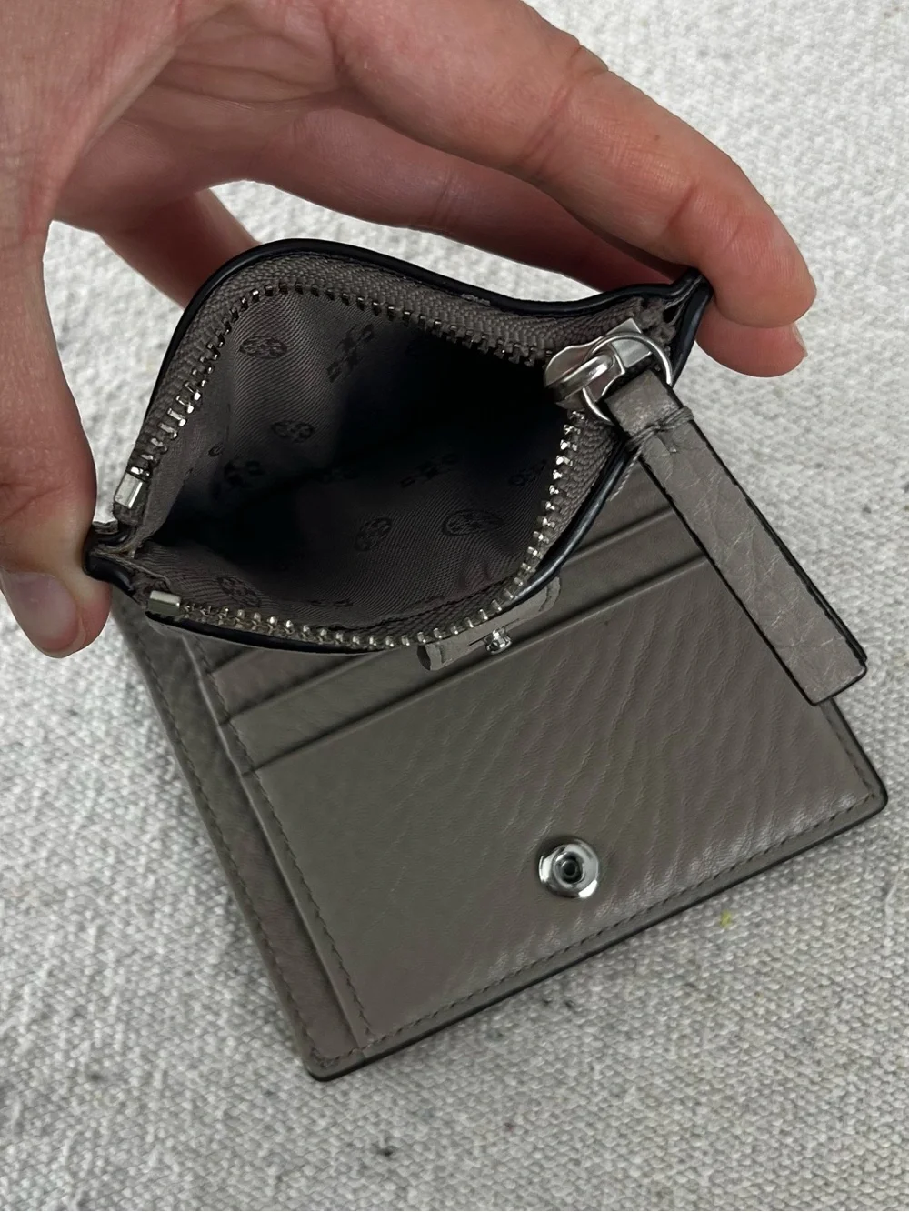 Tory Burch grey pebbled leather bifold wallet
